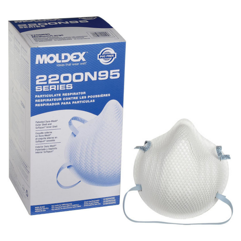 MOLDEX 2200N95 N95 Particulate Respirator Patented Dura-Mesh Outer Shell and Softspun Inner Linning  20 Masks/Box