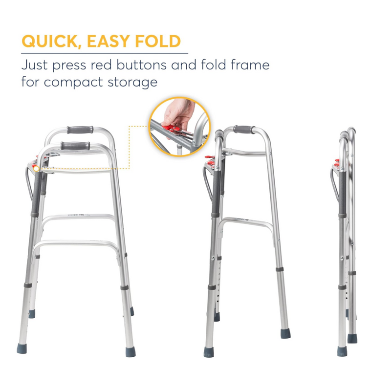 Drive Medical Deluxe 2-Button Folding Walker, Lightweight Walkers for Seniors and Adults, Medical Walker, Bariatric Walker (Up to 350 Pounds), Standard, Silver