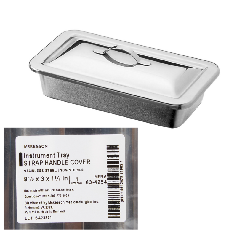 McKesson Instrument Tray with Cover, Strap Handle 8.5"X3"X1.5" Stainless Steel  - EA