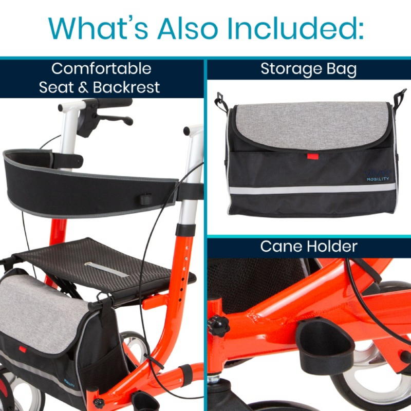 Vive Health Everglide Rollator Walker (Model S) Seat, Cane Holder, and Backrest