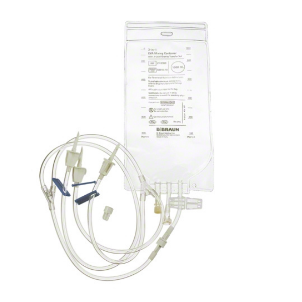 B Braun 1000 mL EVA Gravity Mixing Container Set 3-Lead Vented Transfer Set Sterile 40 Units/Case TPN Bag