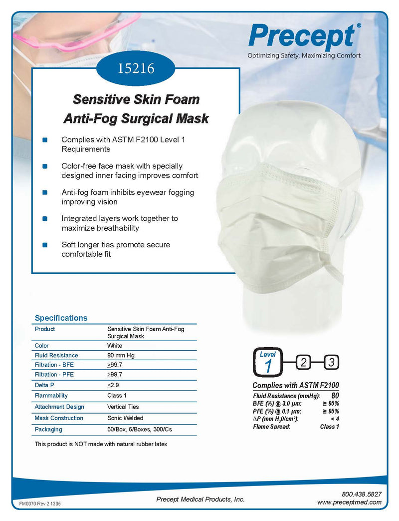 Precept Sensitive Skin Foam Anti-Fog Surgical Mask -Level 1 50 Masks/Box