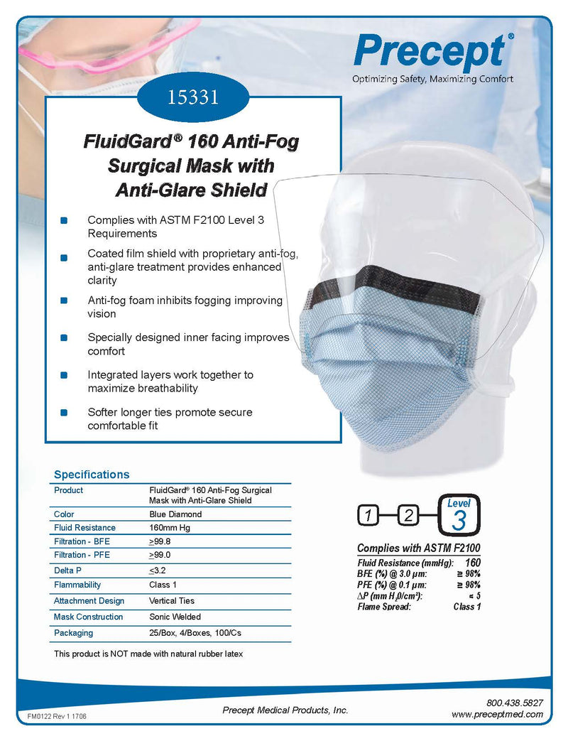 Precept FluidGard 160 Anti-Fog Surgical Mask w/Anti-Glare Shield, Blue Diamond – Level 3 25/BOX