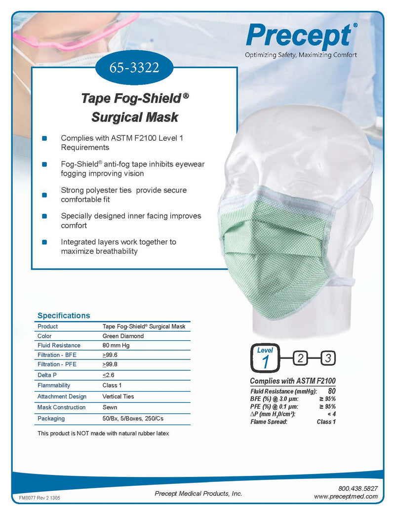 Precept Tape Fog-Shield Surgical Mask, Green, Level 1 50 Masks/Box