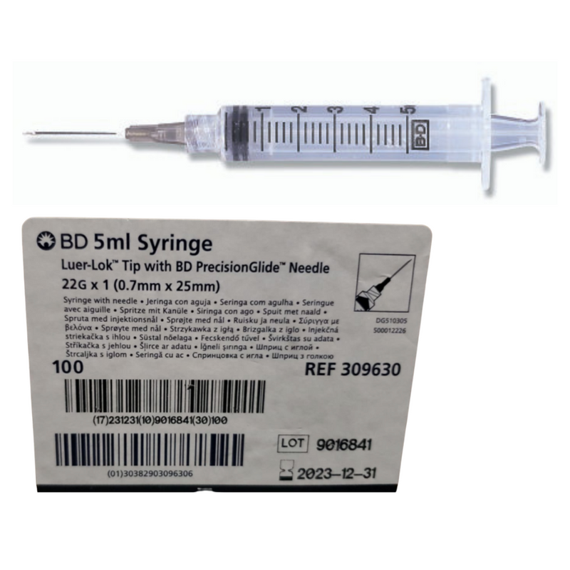BD 309630 Syringe with Hypodermic Needle PrecisionGlide™ 5 mL 22 Gauge OPEN BOX 97/Box