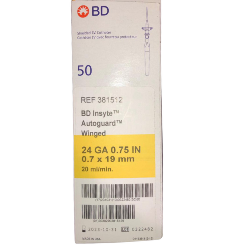 BD 381512 Insyte Shield I.V. Catheter Autogard, Winged, 24G 0.75 in 0.7 x 19 mm, 20 mL 50/Bx