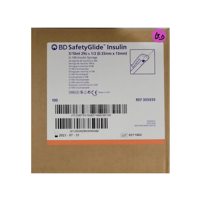 BD SafetyGlide Insulin Syringe U-1000 3/10 ml 29G x 1/2 100/Bx