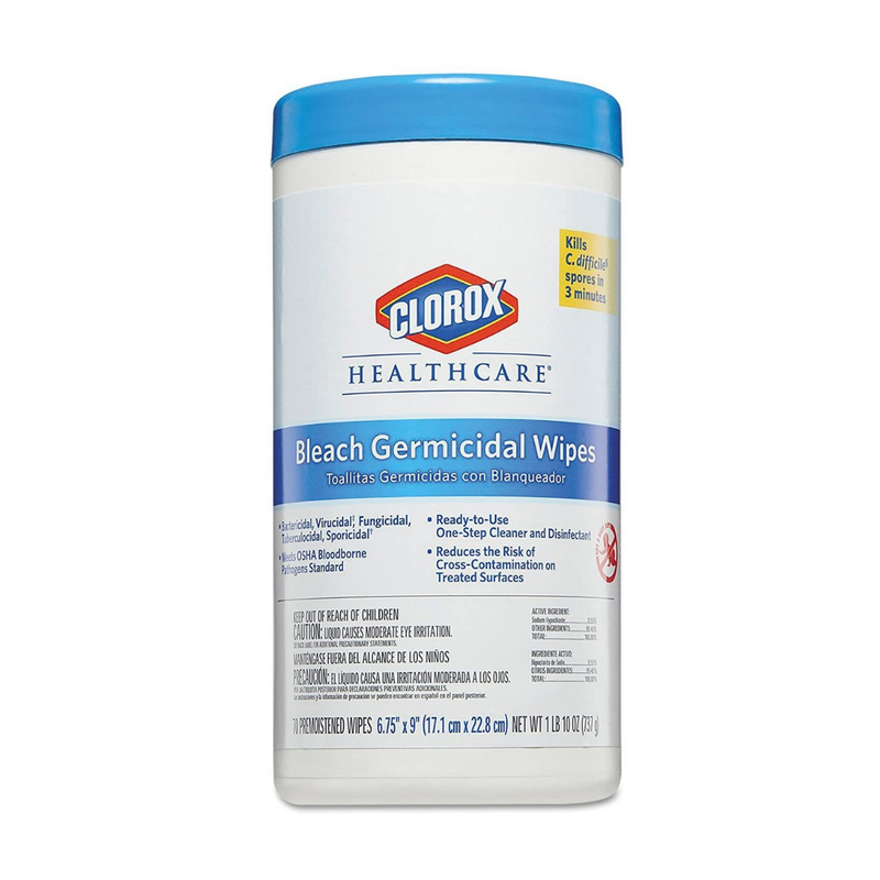 Clorox Healthcare 35309 Bleach Germicidal Wipes 6 | 3/4 x 9 Unscented/Canister, White, 70 Count