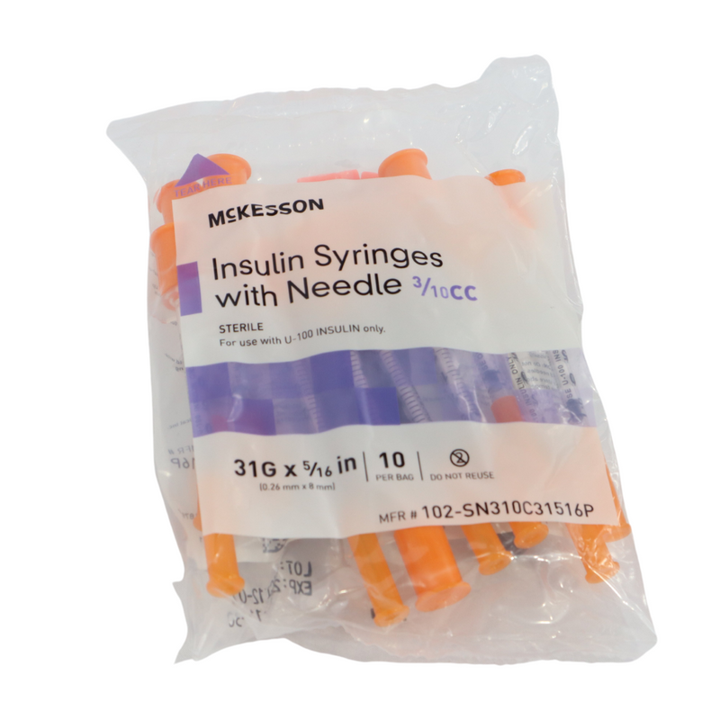 McKesson U-100 Insulin Syringes with Needle 3/10 CC, 31G 8m 100/bx
