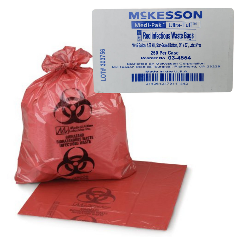 McKesson Medi-Pak Ultra-Tuff Red Infectious Waste Bags 10-15 GAL 24"x32" 250/Case