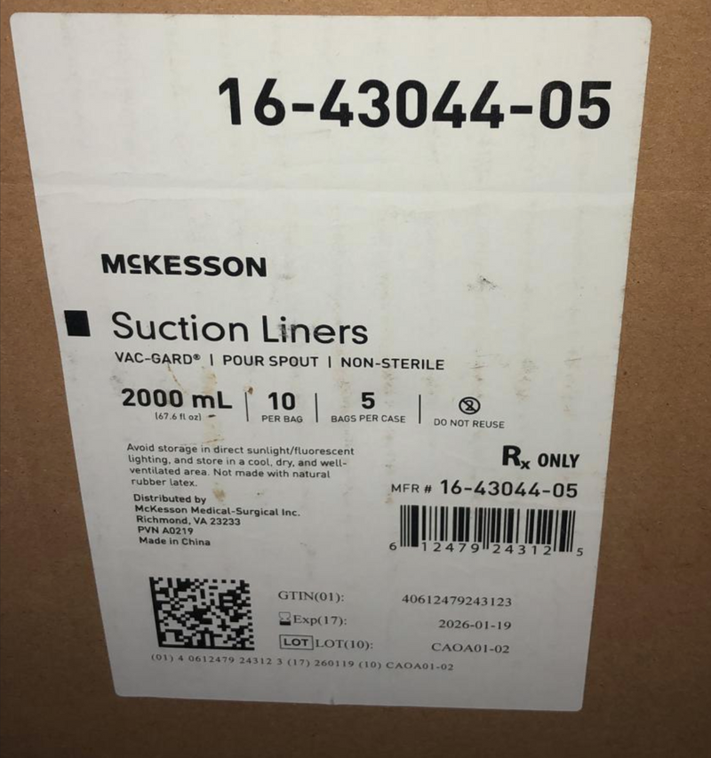 McKesson 16-43044-05 Suction Liners VAC-GARD Pour Spout 2000 mL 5 Bags/Case