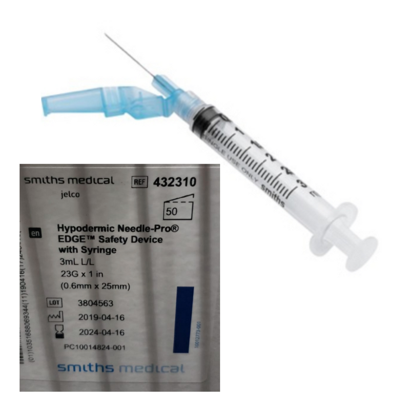 Smiths Medical Hypodermic Needle-Pro EDGE Safety Device w Syringe 3 mL 23G x 1 IN  50/Bx