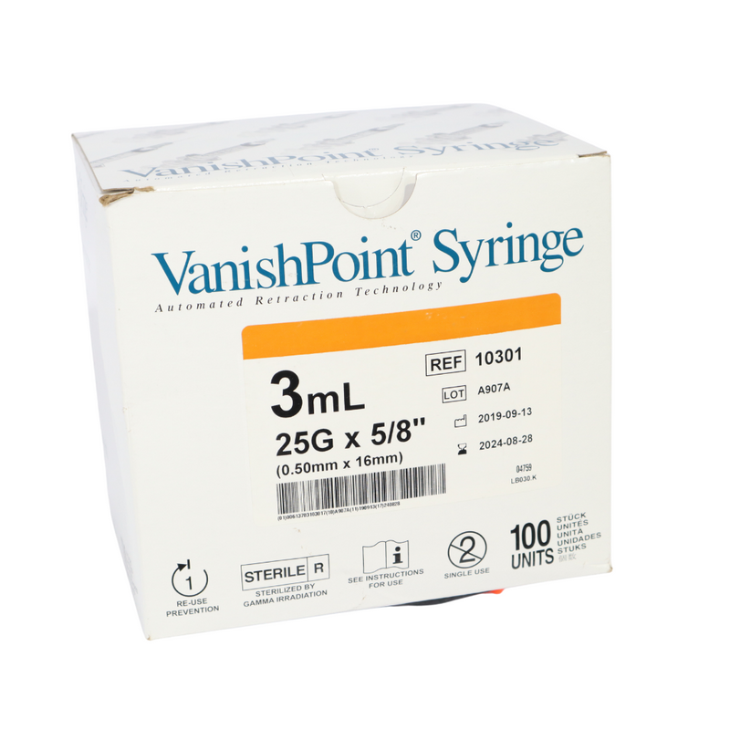 VanishPoint 10301  Syringe with Hypodermic Needle 3 mL 25 Gauge 5/8 Inch Attached Needle 100/BX